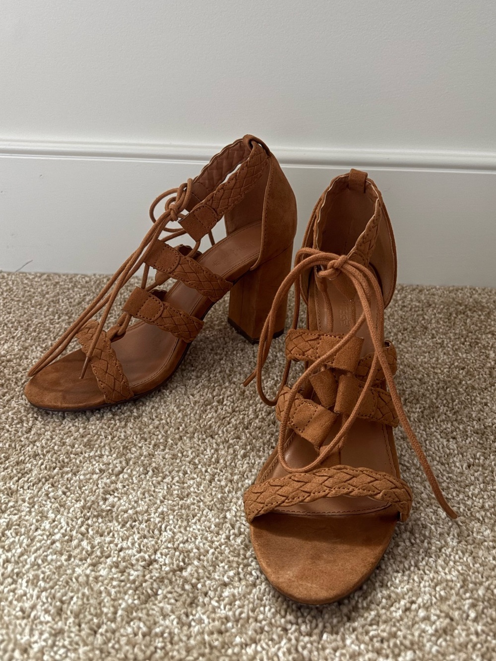 Charlotte Russe Tan Braided Lace-Up Block Heel Sandals